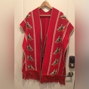 Vintage bird poncho, vintage red poncho, 70s vintage